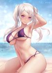  1girl alternate_costume azto_dio bangs bare_shoulders beach bikini blush breasts cleavage collarbone fire_emblem fire_emblem_awakening grima_(fire_emblem) highres large_breasts long_hair looking_at_viewer navel purple_eyes robin_(fire_emblem) robin_(fire_emblem)_(female) sideboob skindentation solo swimsuit thighs twintails underboob white_hair 