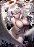  1girl angel_wings black_horns breasts broken_halo clenched_teeth completely_nude covering_nipples demon_girl halo helltaker heterochromia highres horns large_breasts long_hair looking_at_viewer lucifer_(helltaker) mole mole_under_eye navel noaharbre nude red_eyes smile solo tears teeth twitter_username white_eyes white_hair white_wings wings 