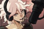  1boy :d bangs brown_background collarbone danganronpa_(series) danganronpa_2:_goodbye_despair english_commentary grey_eyes grey_hair hair_between_eyes headphones komaeda_nagito looking_at_viewer male_focus messy_hair microphone open_mouth shirt short_hair simple_background smile solo upper_teeth yandr4hope 