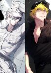  2boys baseball_cap black_pants black_shirt blonde_hair blood blood_on_face colored_skin hair_over_one_eye hat hataraku_saibou highres killer_t_(hataraku_saibou) looking_at_viewer male_cleavage male_focus military military_uniform multiple_boys pants partially_unbuttoned pectorals shirt short_hair short_sleeves silver_hair smile sweat toned toned_male tsunami_(sorudora) u-1146 uniform white_blood_cell_(hataraku_saibou) white_skin 