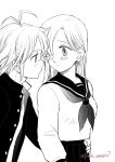  1boy 1girl antenna_hair blush closed_mouth couple elizabeth_liones eye_contact greyscale hair_over_one_eye hand_on_another&#039;s_hip harumiya hetero imminent_kiss jacket long_hair long_sleeves looking_at_another meliodas monochrome nanatsu_no_taizai neckerchief open_clothes open_jacket parted_lips pleated_skirt sailor_collar sailor_shirt school_uniform serafuku shirt short_hair simple_background sketch skirt straight_hair twitter_username white_background 