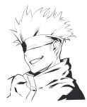  1boy blindfold covered_eyes dyun gojou_satoru greyscale grin highres jujutsu_kaisen male_focus monochrome portrait simple_background smile solo white_background 