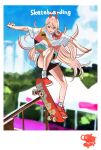  +_+ 1girl 2020_summer_olympics alternate_costume black_shorts blonde_hair blue_sky blurry blurry_background chainsaw_man cloud cloudy_sky commentary copyright_name day demon_horns english_text full_body hair_between_eyes highres horns jumping long_hair looking_down multicolored_shirt nike outdoors outstretched_arms parted_lips pochita_(chainsaw_man) power_(chainsaw_man) product_placement railing red_eyes red_footwear ryosuketarou sharp_teeth shirt shoes short_shorts short_sleeves shorts skateboard skateboarding sky socks solo t-shirt teeth translated white_legwear white_shirt 