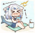  &gt;_&lt; 1girl a animal_ears bangs barefoot blue_hair blunt_bangs blush_stickers brain_freeze cat_ears chibi commentary cup drinking_glass ears_down fish_tail full_body gawr_gura hair_cubes hair_ornament highres hololive hololive_english multicolored_hair open_mouth pillow rectangular_mouth same_anko shark_tail sharp_teeth shaved_ice shrimp sitting solo streaked_hair suspenders symbol_commentary tail teeth trembling two-tone_hair virtual_youtuber white_hair 