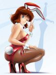  1girl animal_ears ass banned_artist blue_eyes bow bowtie brown_hair brown_legwear commentary_request daicon daicon_bunny_girl daicon_iv detached_collar full_body high_heels leotard looking_at_viewer medium_hair one_eye_closed pantyhose playboy_bunny rabbit_ears rabbit_tail red_footwear red_leotard short_hair squatting strapless strapless_leotard sword tail tamanegiinyo v weapon wrist_cuffs 