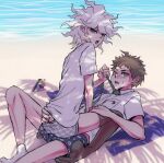  2boys bangs beach blue_male_underwear blush boxers breast_pocket brown_eyes brown_hair danganronpa_(series) danganronpa_2:_goodbye_despair english_commentary green_neckwear grey_hair hinata_hajime komaeda_nagito lying male_focus male_underwear messy_hair multiple_boys necktie necktie_grab neckwear_grab ocean on_back open_mouth plaid pocket sand shirt short_hair short_sleeves sitting socks thighhighs tongue tongue_out towel underwear white_hair yandr4hope yaoi 