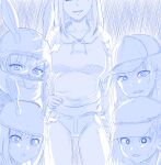  5girls animal_ears baseball_cap blue_theme gamou_maki hat helmet highres hood hoodie ijiranaide_nagatoro-san monochrome motorcycle_helmet multiple_girls nagatoro&#039;s_sister pants rabbit_ears sunomiya_(nagatoro) sunomiya_sana sweat viperxtr yoshi_(nagatoro) 