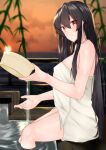  1girl alternate_hairstyle bamboo basin beige_towel black_hair cowboy_shot highres horizon kantai_collection long_hair looking_at_viewer naked_towel onsen orange_sky red_eyes sidelocks sky soaking_feet solo sun sunset symbol_commentary towel water yahagi_(kancolle) z_(knkr1025) 