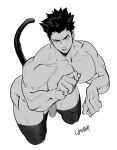  1boy absurdres animal_ears ass bara beard blue_eyes boku_no_hero_academia cat_boy cat_ears cat_tail censored cropped_legs facial_hair fingernails flaccid from_above highres kemonomimi_mode large_pectorals male_focus mature_male mosaic_censoring muscular muscular_male n9poison nipples nude paw_pose pectorals scar scar_across_eye sharp_fingernails short_hair sideburns solo spiked_hair spot_color tail tail_raised thick_thighs thighhighs thighs todoroki_enji 
