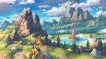  1girl artist_name backpack bag bangs blue_eyes blue_sky breasts bridge brown_pants building cloud cloudy_sky facing_viewer fantasy field floating_hair flower flower_field fog gloves grass highres holding holding_stick lake long_hair looking_to_the_side mountain mountainous_horizon nagi_itsuki on_rock orange_hair original pants petals pink_flower pointy_ears ponytail reflective_water scenery shirt sitting sky solo stick trail tree water wide_shot yellow_gloves yellow_shirt 