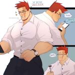  1boy bara beard black_pants blue_eyes boku_no_hero_academia bursting_pectorals collage english_text facial_hair formal glasses highres holding holding_phone large_pectorals male_focus mature_male muscular muscular_male pants pectorals phone red_hair scar scar_across_eye shirt short_hair sideburns sigma778 smile sparkle spiked_hair stormcallart stubble todoroki_enji watch white_shirt wristwatch 