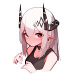  1girl absurdres arknights bare_shoulders beudelb black_horns commentary_request ear_piercing eyebrows_visible_through_hair frown highres horns infection_monitor_(arknights) korean_commentary long_hair looking_at_viewer mudrock_(arknights) piercing pointy_ears red_eyes silver_hair simple_background solo sports_bra white_background 