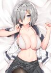  1girl black_legwear blue_eyes blush bra bra_pull breasts cleavage closed_mouth clothes_pull collarbone commentary_request hair_ornament hair_over_one_eye hairclip hamakaze_(kancolle) highres kantai_collection large_breasts looking_at_viewer lying navel on_back open_clothes open_shirt pantyhose pleated_skirt school_uniform serafuku shiny shiny_skin short_hair short_sleeves siesta_(artist) silver_hair skirt solo striped underwear white_bra 