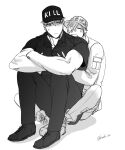  2boys baseball_cap bou_(maimoca501) grabbing greyscale hair_over_one_eye hat hataraku_saibou hug hug_from_behind killer_t_(hataraku_saibou) looking_at_another male_focus military military_uniform monochrome multiple_boys pectoral_grab pectorals short_hair short_sleeves sitting size_difference sweatdrop toned toned_male u-1146 uniform white_blood_cell_(hataraku_saibou) yaoi younger 