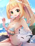  1girl :d alolan_form alolan_vulpix bangs bare_arms bare_shoulders bikini blonde_hair blue_bikini blush braid breasts cleavage collarbone commentary_request day eyebrows_visible_through_hair gen_7_pokemon green_eyes highres lillie_(pokemon) long_hair medium_breasts meyamu open_mouth outdoors petting pokemon pokemon_(creature) pokemon_(game) pokemon_sm ponytail sitting smile swimsuit twitter_username water 