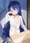  1boy 1girl ahoge amamiya_kokoro blue_hair blush collarbone djheycha highres long_hair naked_shirt navel nijisanji opening_door see-through shirt tears virtual_youtuber wardrobe_malfunction yawning 