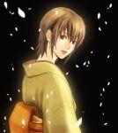  1girl bangs black_background brown_hair cma_cmakuma from_side gintama hair_between_eyes japanese_clothes kimono obi okita_mitsuba open_mouth petals red_eyes sash short_hair solo upper_body yellow_kimono 