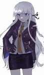  1girl arm_at_side bangs black_gloves black_ribbon braid brown_necktie collared_shirt cowboy_shot danganronpa:_trigger_happy_havoc danganronpa_(series) gloves grey_background hair_ribbon highres jacket kirigiri_kyouko long_hair long_sleeves looking_at_viewer necktie pencil_skirt purple_eyes purple_hair ribbon sema_(vivaviva_02) shiny shiny_hair shirt side_braid simple_background single_braid skirt solo 