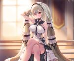 1girl absurdly_long_hair absurdres artist_name azur_lane bare_shoulders black_choker black_neckwear black_sailor_collar blurry blurry_background bow_dress breasts choker crossed_legs dress feather_dress feet_out_of_frame formidable_(azur_lane) formidable_(timeless_classics)_(azur_lane) hair_ornament hand_in_hair highres indoors kyo_(user_jpfr5738) large_breasts light_brown_hair long_hair looking_at_viewer official_alternate_costume red_eyes sailor_collar sitting sleeveless sleeveless_dress solo strapless strapless_dress thighs twintails two-tone_dress two-tone_ribbon veil very_long_hair white_dress 