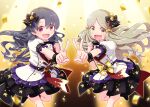 2girls :d bangs black_footwear black_hair black_skirt black_vest blurry blurry_background boots brown_eyes center_frills commentary_request confetti depth_of_field eyebrows_visible_through_hair feet_out_of_frame frills grey_hair hair_between_eyes hair_ornament handa_roko highres idolmaster idolmaster_million_live! idolmaster_million_live!_theater_days jacket multiple_girls open_mouth outstretched_arm parted_bangs pleated_skirt puffy_short_sleeves puffy_sleeves purple_eyes sansei_rain shirt short_sleeves skirt smile standing standing_on_one_leg star_(symbol) star_hair_ornament takayama_sayoko v vest white_jacket white_shirt wrist_cuffs 