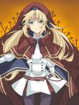  1girl artoria_pendragon_(all) artoria_pendragon_(caster)_(fate) artoria_pendragon_(caster)_(fate)_(cosplay) bangs belt beret blonde_hair bokujoumonogatari-futago bow buttons cape capelet closed_mouth cosplay cowboy_shot double-breasted eyebrows_visible_through_hair fate/grand_order fate_(series) frown gem gloves gradient gradient_background green_eyes hat holding holding_staff jacket long_hair long_sleeves looking_at_viewer mordred_(fate) mordred_(fate)_(all) o-ring orange_background outdoors red_bow red_cape red_headwear ribbon shirt skirt solo staff standing white_jacket 