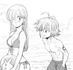  1boy 1girl arm_tattoo ball bangs beach bikini blush breasts cleavage collarbone elizabeth_liones front-tie_bikini front-tie_top greyscale grin hair_between_eyes hair_intakes hair_over_one_eye halterneck hand_in_pocket harumiya hawk_(nanatsu_no_taizai) holding holding_ball leaning_forward long_hair looking_at_viewer medium_breasts meliodas monochrome nanatsu_no_taizai ocean parted_lips short_hair side-tie_bikini sketch smile standing straight_hair strap_gap sweatdrop swimsuit tattoo very_long_hair wet wet_hair 