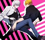  2boys alternate_costume black_shirt blonde_hair colored_skin contemporary couple denim from_side full_body hair_over_one_eye hand_on_another&#039;s_waist hataraku_saibou highres interracial jeans killer_t_(hataraku_saibou) looking_at_viewer male_focus multiple_boys open_jakcet pants shirt short_hair short_sleeves silver_hair sleeves_rolled_up tsunami_(sorudora) u-1146 watch white_blood_cell_(hataraku_saibou) white_skin wristwatch yaoi 