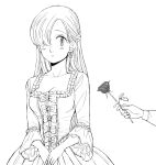  1girl blush bow breasts cleavage collarbone dress earrings elizabeth_liones flower greyscale hair_over_one_eye harumiya holding holding_flower jewelry long_hair long_sleeves medium_breasts monochrome nanatsu_no_taizai parted_lips rose silver_hair sketch solo_focus straight_hair 