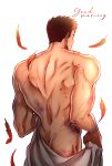  1boy absurdres ass back bara boku_no_hero_academia bruise facial_hair feathers from_behind hickey highres injury looking_away male_focus mature_male muscular muscular_male naked_towel red_feathers red_hair short_hair sideburns sigma778 solo spiked_hair stubble todoroki_enji towel 