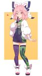  1boy astolfo_(fate) asymmetrical_legwear bracelet coat collared_shirt cosplay dynamax_band fate/apocrypha fate/grand_order fate_(series) finger_to_mouth fur_jacket gloves hair_intakes highres jacket jewelry klara_(pokemon) klara_(pokemon)_(cosplay) looking_at_viewer male_focus mismatched_legwear multicolored_hair number otoko_no_ko partially_fingerless_gloves pink_hair pokemon pokemon_(game) pokemon_swsh purple_eyes purple_shorts quick_shirt qzo_(akai_kitsune) ring shirt shoes short_hair shorts shushing single_glove smile solo streaked_hair t-shirt thighhighs white_coat white_hair white_jacket winter_clothes winter_coat 