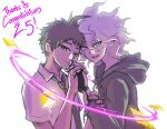  2boys :d bangs blush brown_eyes brown_hair collared_shirt commentary danganronpa_(series) danganronpa_2:_goodbye_despair english_text green_neckwear grey_hair hand_up heterochromia hinata_hajime holding_hands hood hood_down hooded_jacket hoodie interlocked_fingers jacket komaeda_nagito male_focus messy_hair multiple_boys necktie open_mouth red_eyes shirt simple_background smile upper_body upper_teeth white_background wrist_grab yandr4hope yaoi 