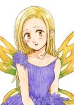  1girl blonde_hair blush collarbone dress elaine hair_intakes harumiya highres long_hair looking_at_viewer nanatsu_no_taizai purple_dress signature simple_background sketch sleeveless sleeveless_dress solo straight_hair very_long_hair white_background wings yellow_eyes 