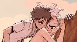  2boys ahoge bangs blush brown_hair collarbone danganronpa_(series) danganronpa_2:_goodbye_despair dress_shirt english_commentary grey_hair hinata_hajime implied_sex komaeda_nagito male_focus mechanical_arms messy_hair multiple_boys nude open_clothes open_shirt sex sex_from_behind shirt short_hair short_sleeves single_mechanical_arm yandr4hope yaoi 