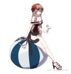  1girl alcohol ball bare_shoulders beachball breasts brown_hair brown_nails brown_swimsuit champagne cleavage closed_mouth crossed_legs cup drinking_glass earrings eyewear_on_head flower food frilled_swimsuit frills fruit full_body hair_flower hair_ornament hair_over_one_eye headband holding holding_cup honkai_(series) honkai_impact_3rd jewelry lipstick long_hair looking_at_viewer makeup nail_polish one-piece_swimsuit orange_(food) purple_eyes red_flower rita_rossweisse sandals simple_background sitting slyvia smile solo sunglasses swimsuit white_background wine_glass 