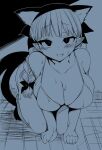 1girl :d all_fours animal_ears bangs bare_shoulders blunt_bangs blush braid breasts cat_ears cat_tail cleavage collarbone commentary extra_ears eyebrows_visible_through_hair fang hair_ribbon highres kaenbyou_rin large_breasts long_hair looking_at_viewer mizuga monochrome multiple_tails nekomata open_mouth pointy_ears raised_eyebrows ribbon slit_pupils smile solo sweat symbol_commentary tail touhou tress_ribbon tsurime twin_braids twintails two_tails underwear underwear_only 