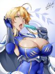  1girl absurdres artoria_pendragon_(all) artoria_pendragon_(lancer)_(fate) blonde_hair blue_gloves blue_leotard braid breasts capelet cleavage cleavage_cutout clothing_cutout covered_navel elbow_gloves fate/grand_order fate_(series) food french_braid gauntlets gloves green_eyes hair_between_eyes highres large_breasts leotard long_hair looking_at_viewer love-saber open_mouth popsicle sidelocks solo tongue tongue_out underbust white_capelet 