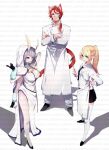  1boy 2girls animal_ears black_sclera blonde_hair breasts closed_mouth colored_sclera ejami extra_arms facial_mark highres hood long_hair looking_at_viewer multiple_girls original pointy_ears sample simple_background watermark white_background 