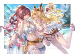  2girls aircraft animal_ears arm_hug bandaged_arm bandages beach bikini bikini_bottom bikini_top blonde_hair blood blush camera closed_eyes cloud collarbone commentary_request dutch_angle erune eyewear_on_head granblue_fantasy hand_print helicopter hilt holding_hands innertube leg_belt leg_strap long_hair mari_(granblue_fantasy) meg_(granblue_fantasy) multiple_girls official_art one_eye_closed open_mouth palm_tree ponytail red_hair sandals scar scar_across_eye selfie smile speech_bubble sunlight swimsuit tree yuri 