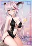  1girl absurdres aegir_(azur_lane) azur_lane black_swimsuit breasts center_opening cross cross_earrings cup demon_horns earrings eyebrows_visible_through_hair hair_on_horn highres holding holding_cup horns ice ice_cube iron_cross jewelry large_breasts long_hair looking_at_viewer min1910 multicolored_hair ocean red_hair sitting solo stone streaked_hair swimsuit thigh_strap thighs two-tone_hair very_long_hair water white_hair yellow_eyes 
