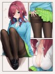  1girl absurdres bangs black_footwear blue_cardigan blue_eyes blue_sweater breasts cardigan cleavage clothes_lift collared_shirt dress_shirt go-toubun_no_hanayome green_skirt hair_between_eyes headphones headphones_around_neck highres kirarin369 large_breasts long_hair nakano_miku pantyhose partially_unbuttoned pleated_skirt red_hair shirt sitting skirt skirt_lift sweater white_shirt 