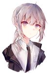  1girl 7160824 absurdres black_jacket black_neckwear closed_mouth eyebrows_visible_through_hair girls&#039;_frontline grey_hair highres jacket jacket_pull long_hair looking_at_viewer m200_(girls&#039;_frontline) necktie open_clothes open_jacket purple_eyes shirt solo white_background white_shirt 