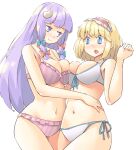 2girls alice_margatroid arnest bangs bikini blonde_hair blue_bow blue_eyes blunt_bangs blush bow breast_press breasts cleavage collarbone crescent crescent_hair_ornament eyebrows_visible_through_hair frilled_bikini frills front-tie_top groin hair_bow hair_ornament hairband hand_on_another&#039;s_hip highres lolita_hairband long_hair looking_at_another multi-tied_hair multiple_girls navel open_mouth patchouli_knowledge pink_bikini purple_eyes purple_hair red_bow short_hair side-tie_bikini sidelocks smile striped striped_bikini surprised swimsuit symmetrical_docking thighs touhou vertical_stripes white_background white_bikini 
