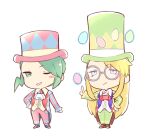  2boys avery_(pokemon) blonde_hair blue_eyes blush_stickers burgh_(pokemon) burgh_(pokemon)_(cosplay) chibi closed_mouth commentary_request cosplay cravat egg eyebrows_visible_through_hair floating floating_object glasses gloves green_eyes green_hair green_pants hand_on_hip hat highres long_hair long_sleeves male_focus multiple_boys one_eye_closed pants parted_lips pink_headwear pink_pants pokemon pokemon_(game) pokemon_masters_ex pokemon_oras pokemon_swsh round_eyewear shoes simple_background single_glove smile socks standing tailcoat telekinesis top_hat tudurimike wallace_(pokemon) white_background white_gloves white_neckwear 