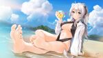  1girl animal_ears barefoot beach black_swimsuit breasts casino_(casinoep) drink feet grey_eyes grey_hair highres holding holding_drink hololive jacket large_breasts legs lion_ears lion_girl lion_tail long_hair looking_at_viewer navel one-piece_swimsuit shishiro_botan silver_hair soles swimsuit tail toes two_side_up virtual_youtuber 