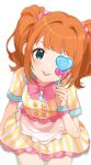  1girl :p apron blue_eyes blue_tongue bow candy colored_tongue food hair_ornament hair_scrunchie heart_lollipop highres holding holding_candy holding_food holding_lollipop idolmaster idolmaster_million_live! idolmaster_million_live!_theater_days inuyama_nanami lollipop looking_at_viewer miniskirt one_eye_covered orange_hair pink_bow scrunchie shirt short_sleeves simple_background sitting skirt smile solo striped striped_shirt takatsuki_yayoi tongue tongue_out twintails waist_apron white_apron white_background 