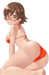  1girl aimobake ass bad_id bad_twitter_id bangs barefoot bespectacled bikini breasts brown_hair closed_mouth commentary_request eyebrows_visible_through_hair from_behind frown glasses halterneck highres honda_mio idolmaster idolmaster_cinderella_girls looking_at_viewer looking_back lying medium_breasts on_side orange_eyes red-framed_eyewear red_bikini short_hair simple_background solo swimsuit white_background 