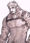  1boy absurdres animal_ears arknights bara closed_mouth completely_nude furry highres male_pubic_hair mountain_(arknights) muscular muscular_male navel nipples nude pubic_hair scar scar_on_face simple_background sketch slit_pupils solo tiger white_background white_tiger wushier 