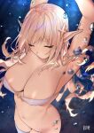  1girl armpits arms_behind_head arms_up artist_name ass bare_shoulders bikini blonde_hair blurry blurry_background breasts closed_eyes commentary copyright_request dancer earrings elf english_commentary eyebrows hair_ornament head_down highres jewelry karinto_yamada large_breasts long_hair navel nipples no_mouth no_panties ocean pointy_ears shiny shiny_hair shiny_skin solo standing swimsuit thighhighs underwater water water_drop white_legwear 