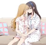  2girls azuko_(ampenm) blue_eyes blush brown_hair character_request commentary_request couch eyebrows_visible_through_hair green_eyes highres idolmaster idolmaster_cinderella_girls imminent_kiss light_brown_hair long_hair multiple_girls on_couch pajamas parted_lips pillow sitting yuri 
