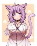  1girl :&lt; ahoge alternate_costume animal_ears bangs blunt_bangs blush breasts button_gap cat_ears cat_girl cleavage highres hololive large_breasts long_hair loose_necktie navel necktie nekomata_okayu no_bra no_pants official_alternate_costume purple_eyes purple_hair purple_neckwear rutsubo self_fondle shirt short_hair solo virtual_youtuber white_shirt 